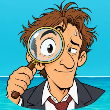 Inspector Crane peering through a magnifying glass, the sea behind him